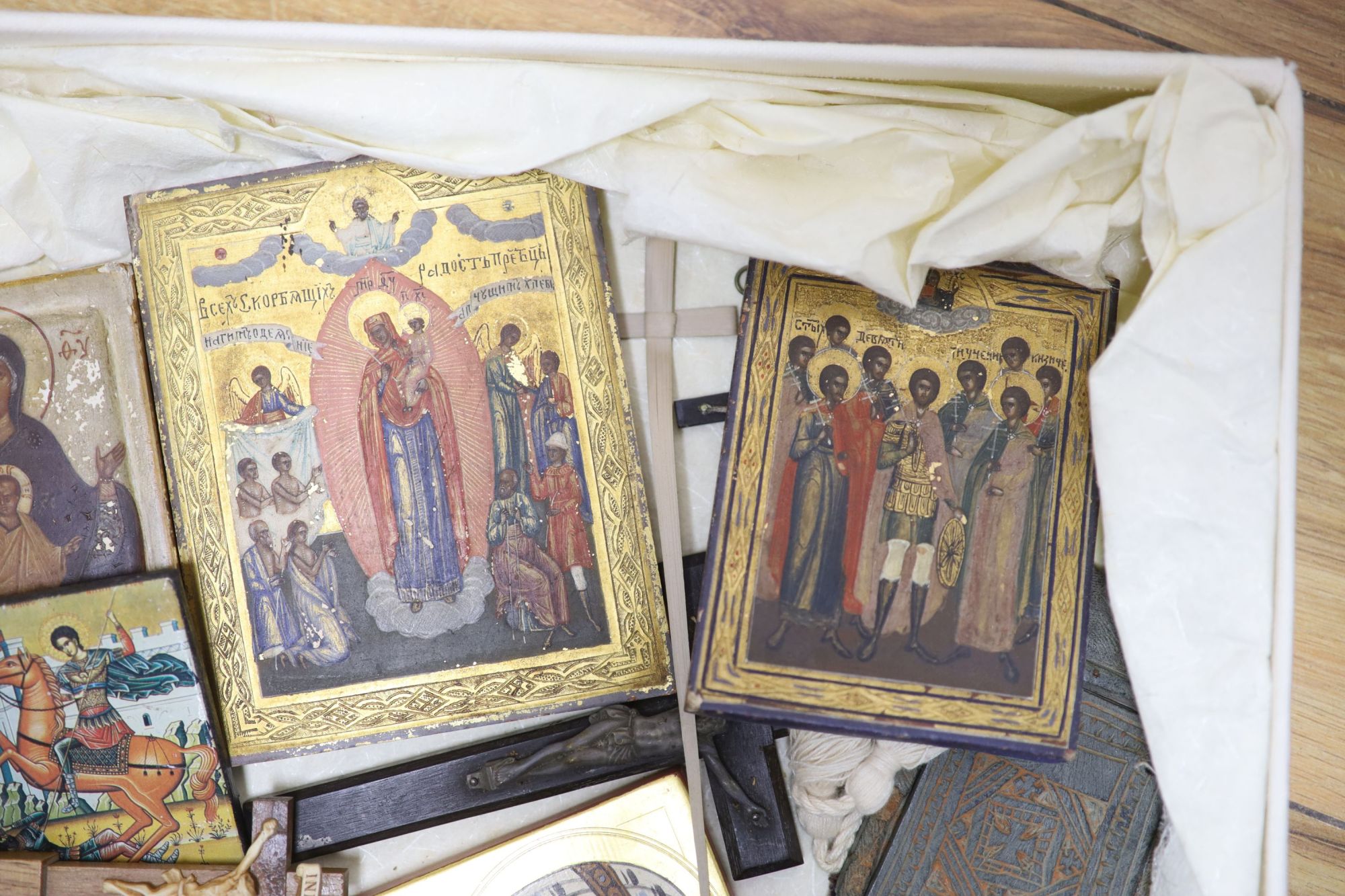 A quantity of religious artefacts including icons, crucifixes, etc.